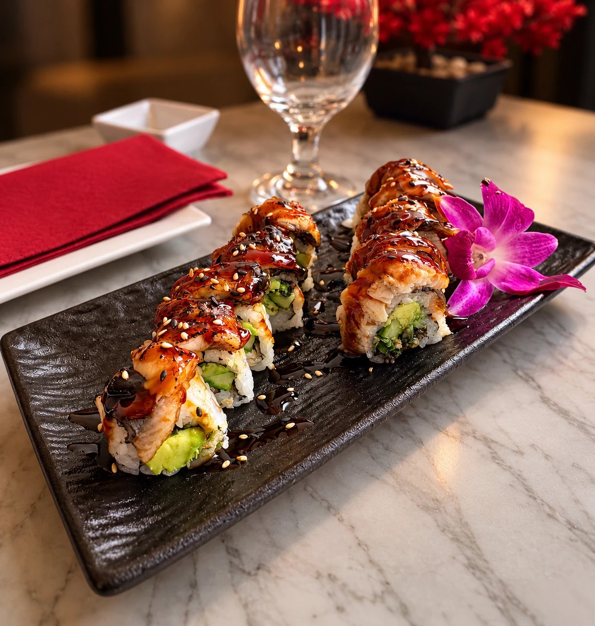 Nakama sushi rolls with sauce and an orchid garnish